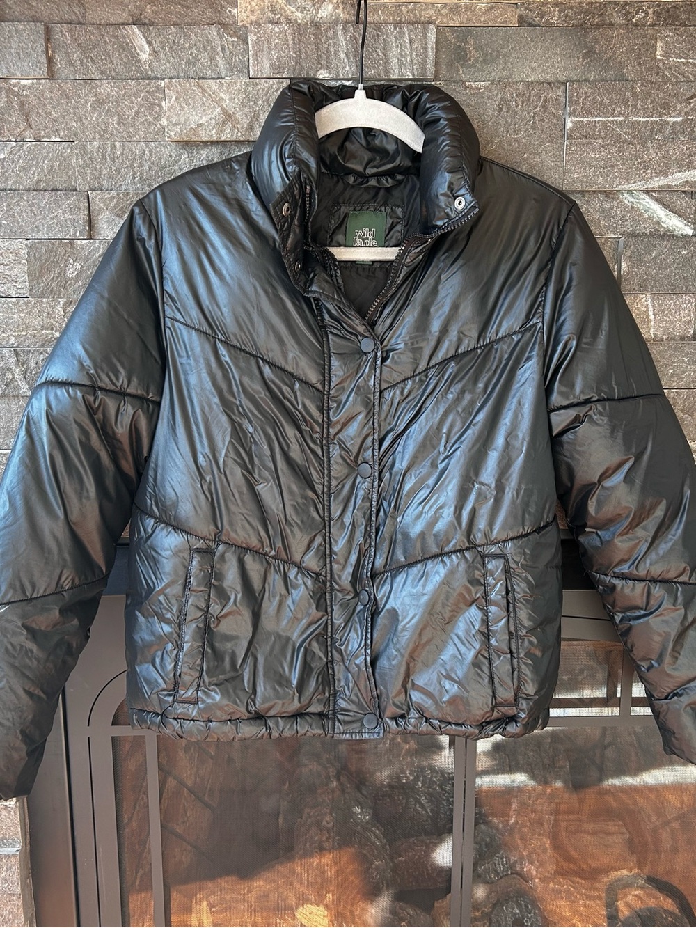 Wild Fable Shiny Black Cropped Puffer Coat